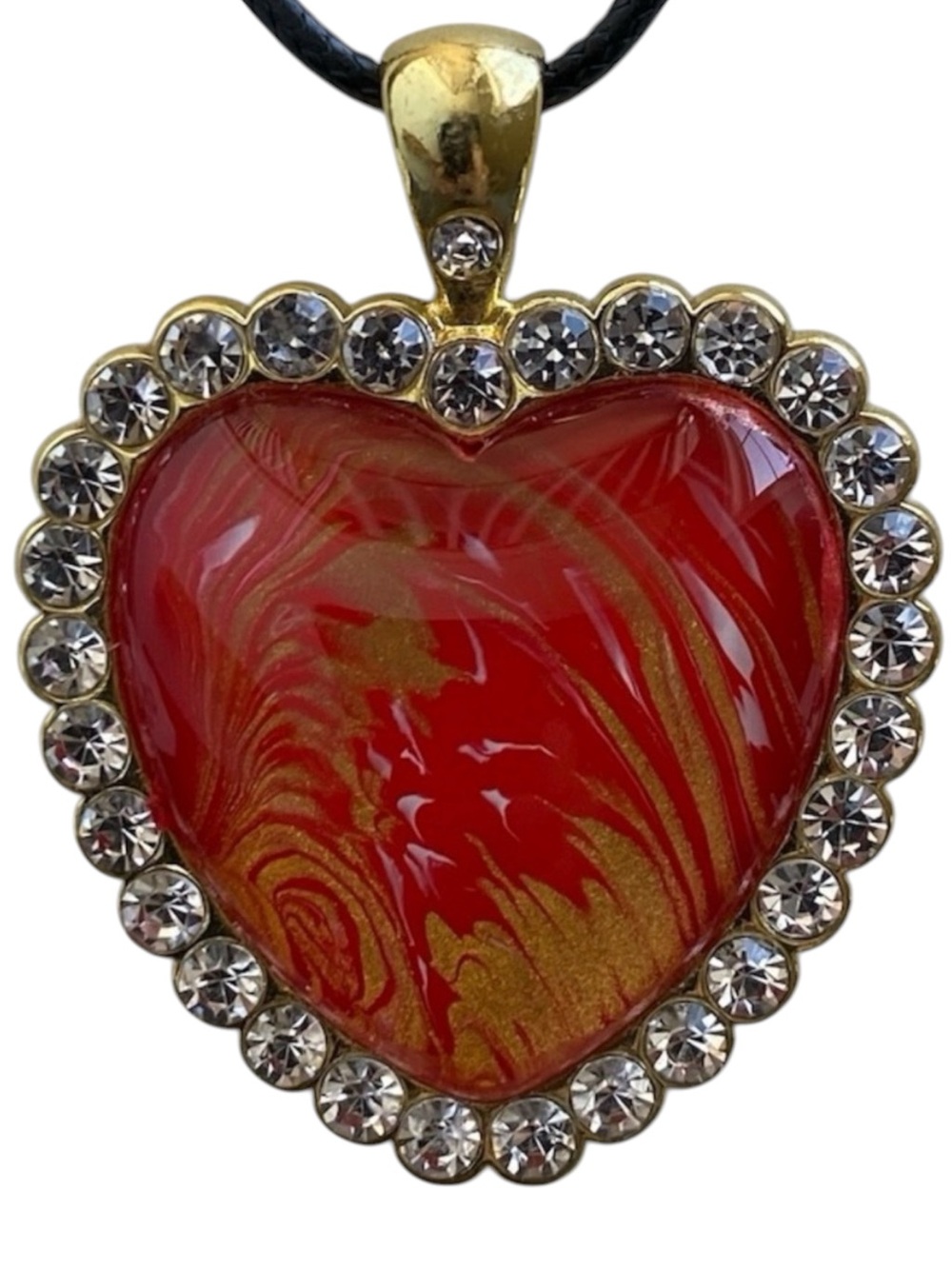 Hand Crafted Fluid Art Heart Necklace Red and Gold Pendant by Svetlana Yeung